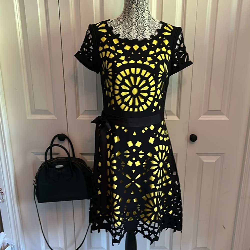 Nue by Shani Black laser cut over Yellow fitted Dress with Vibrant Elegance